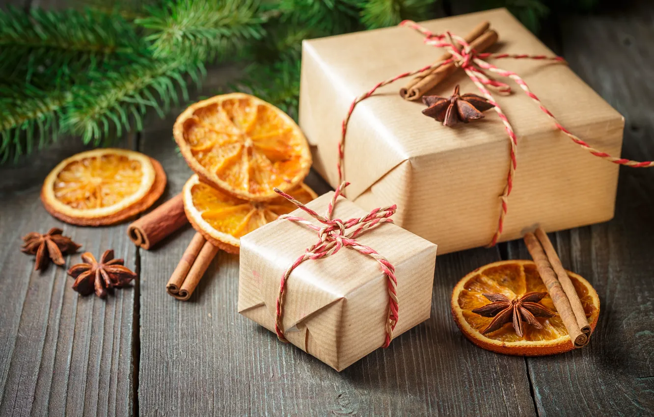 Photo wallpaper decoration, tree, orange, New Year, Christmas, gifts, cinnamon, happy