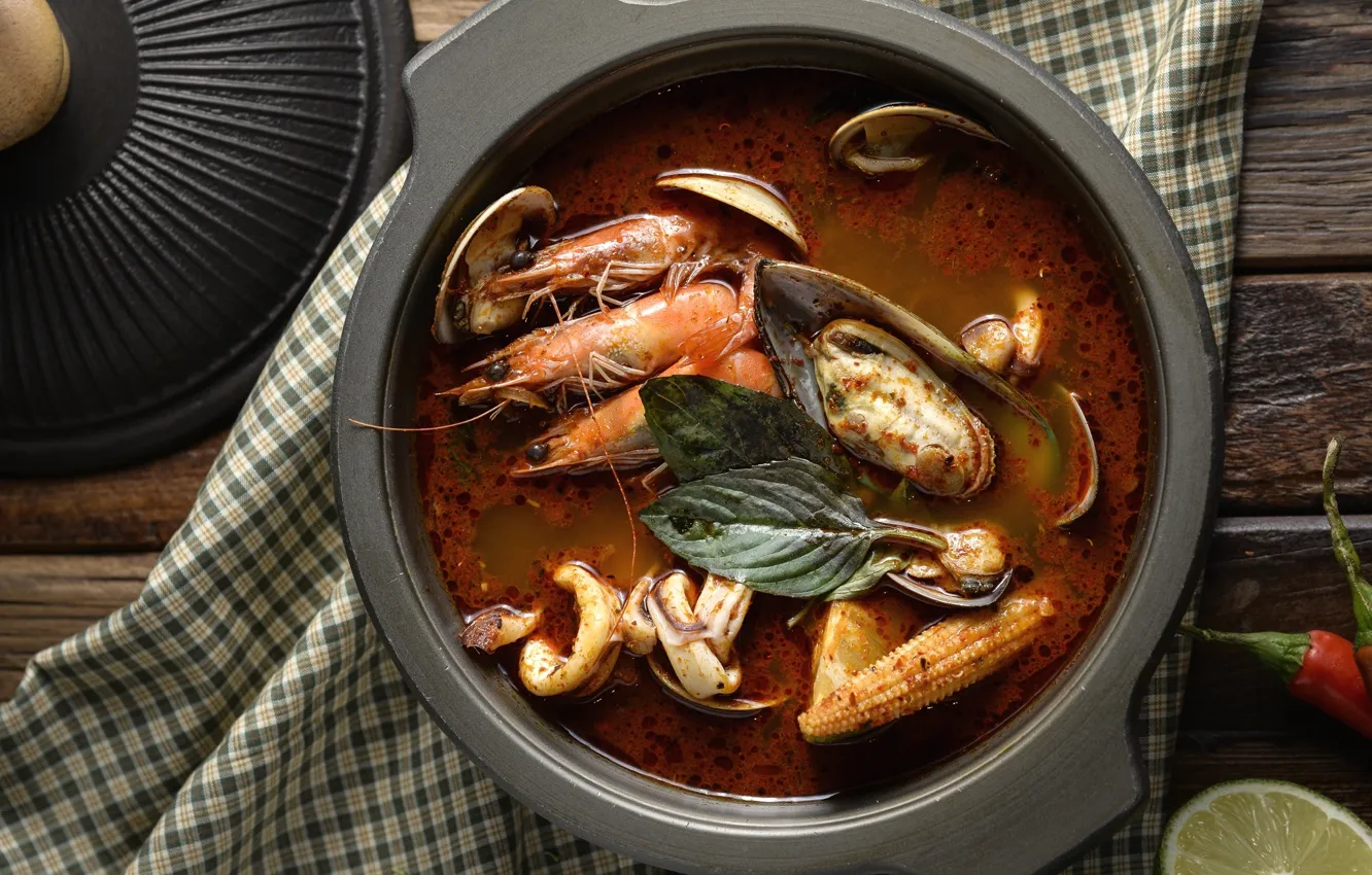 Photo wallpaper soup, shrimp, seafood, shellfish