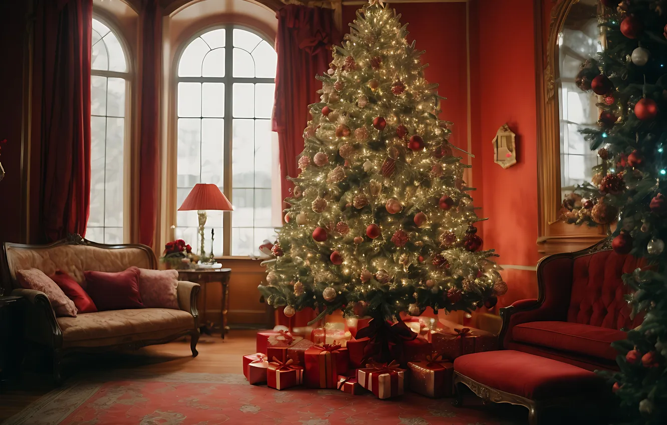 Photo wallpaper decoration, room, gift, tree, new year, interior, Christmas, Christmas