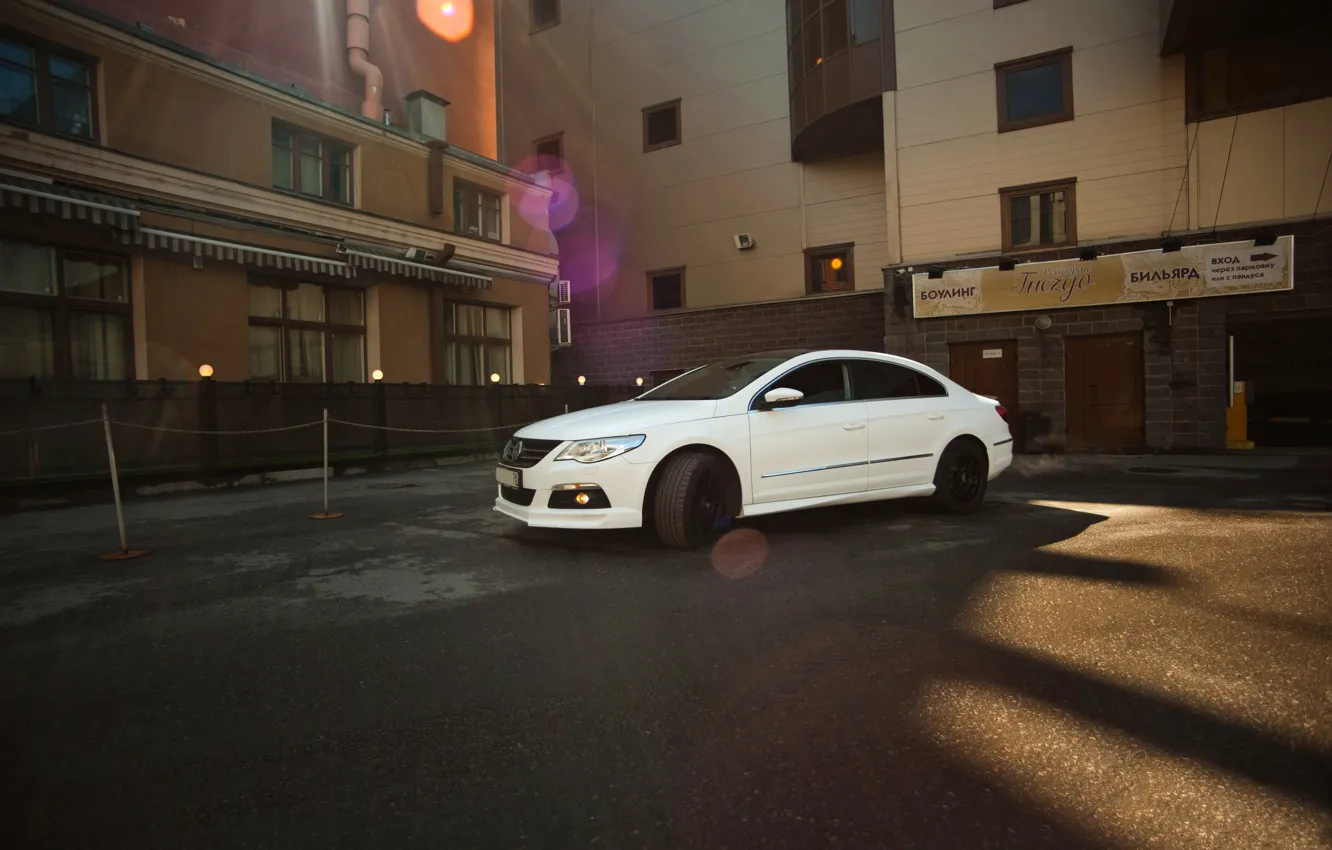 Photo wallpaper White, Volkswagen, Machine, Street, Sedan, Passat, The reflection