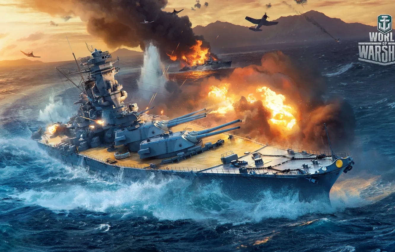 Photo wallpaper The ocean, Sea, The game, The plane, Fire, War, Ship, Battle