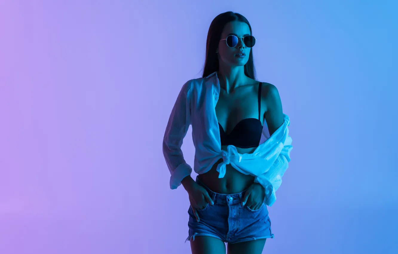 Photo wallpaper sexy, woman, young, shirt, sunglasses, Short