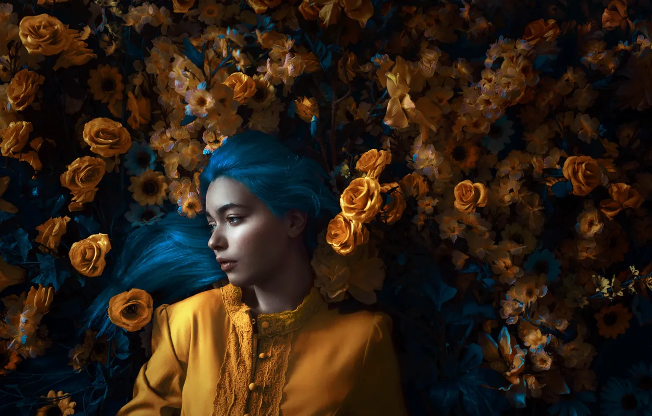 Photo wallpaper look, girl, light, flowers, hair, roses, Adi Dekel
