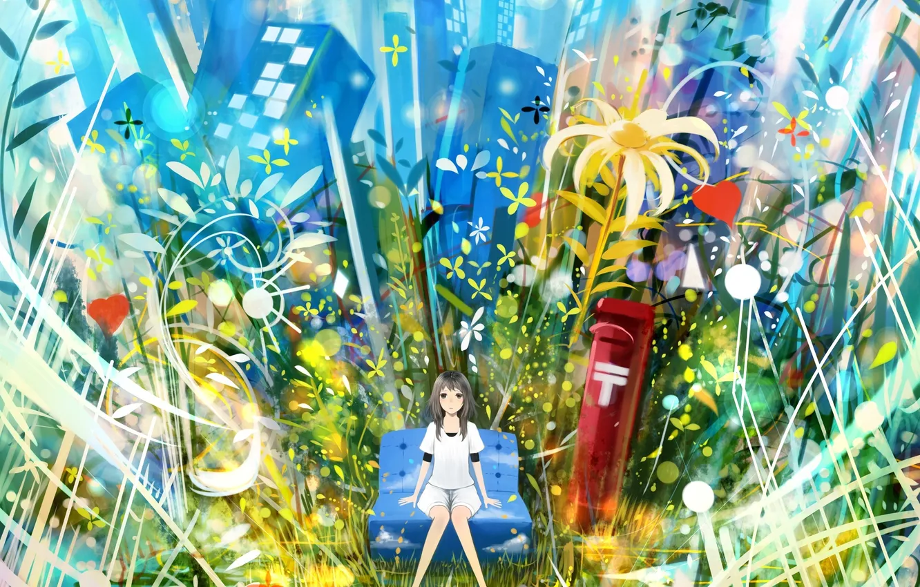 Photo wallpaper girl, flowers, the city, sofa, plant, home, anime, art