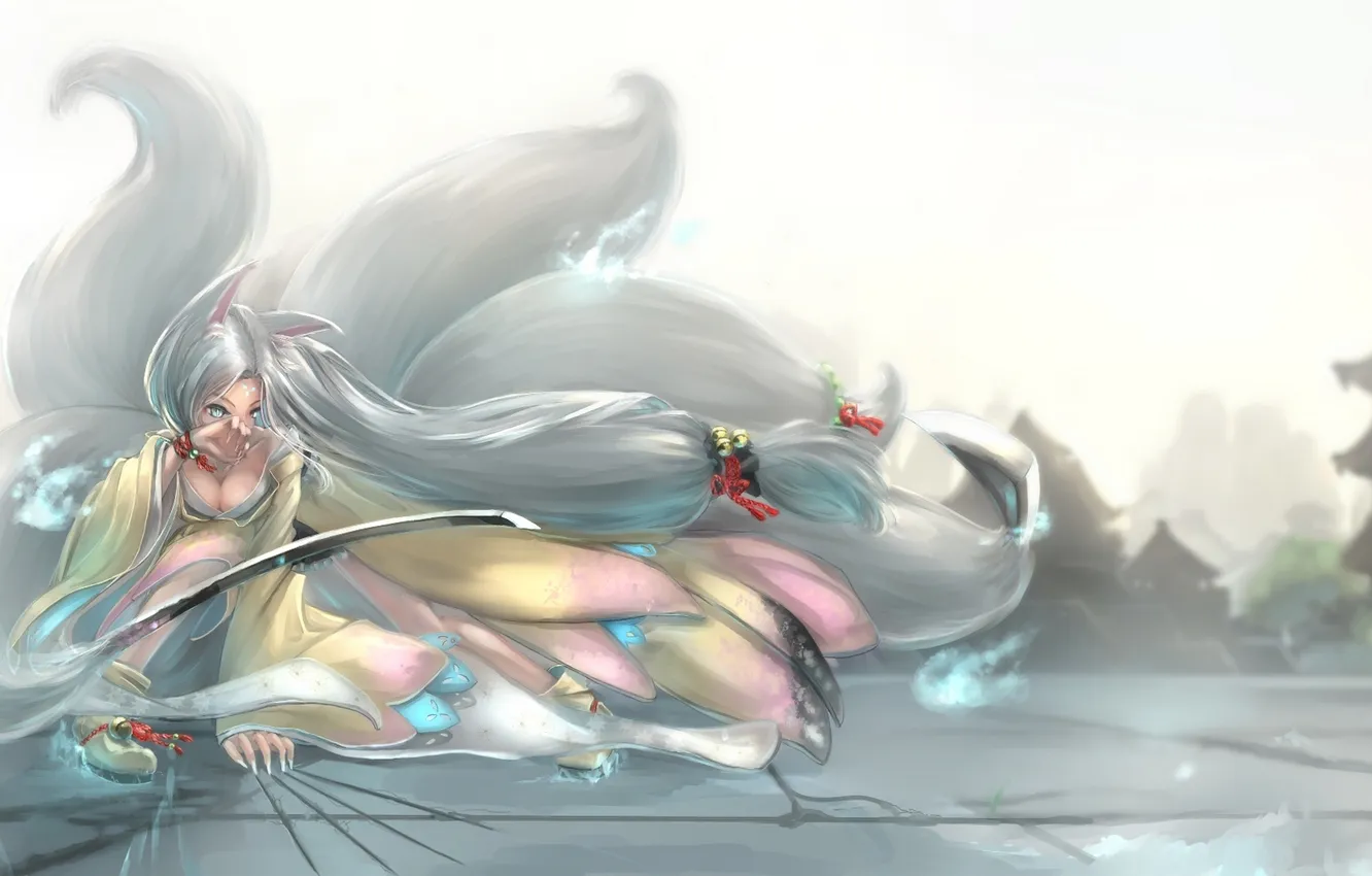 Photo wallpaper girl, weapons, magic, street, tail, gesture, ears, art