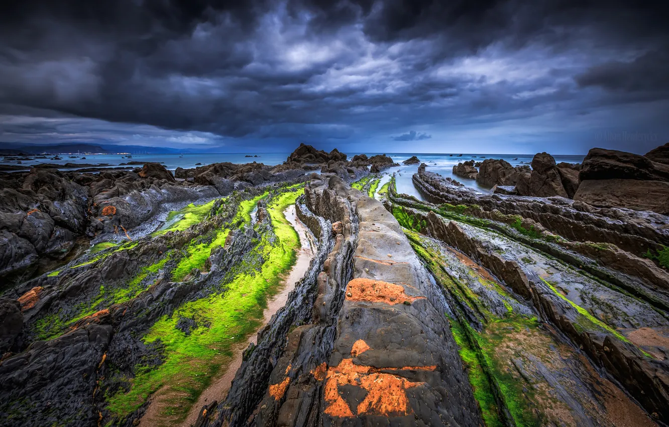 Photo wallpaper the sky, clouds, landscape, the ocean, coast, moss, dirt, Spain