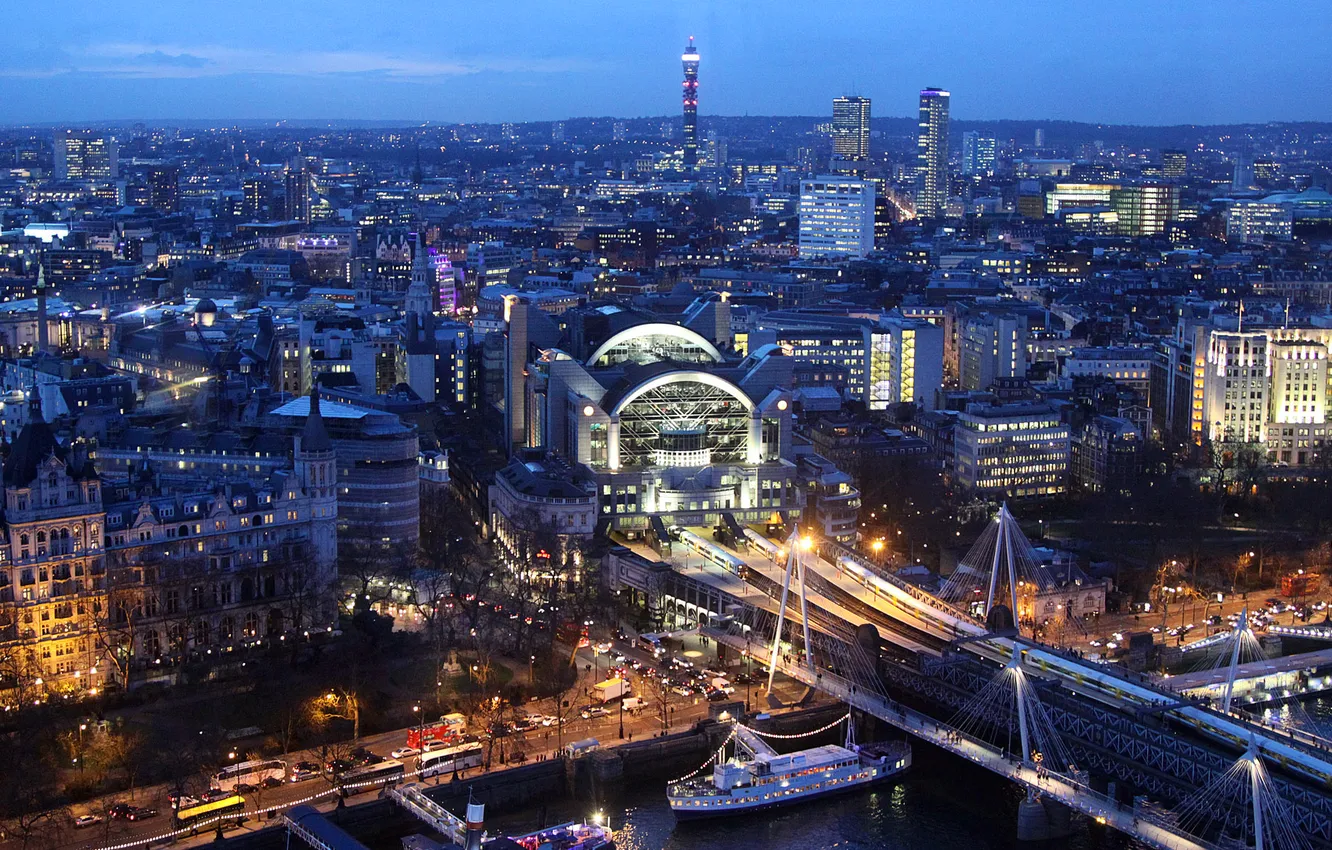 Photo wallpaper night, bridge, lights, river, boat, ship, England, London