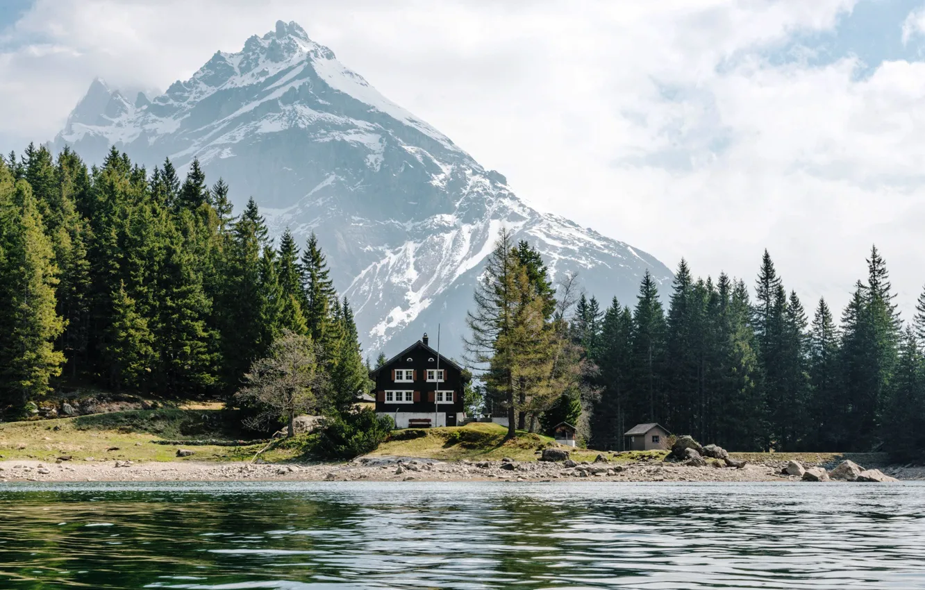 Photo wallpaper forest, the sky, trees, mountains, lake, home