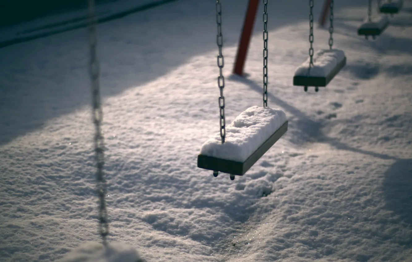 Photo wallpaper winter, snow, the city, swing