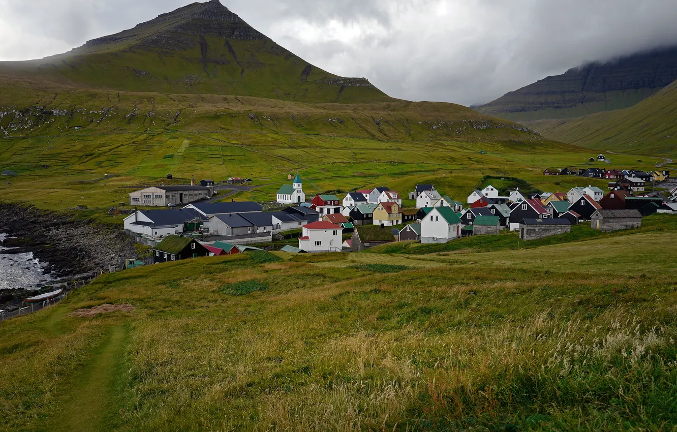 Photo wallpaper field, summer, grass, clouds, mountains, green, overcast, hills