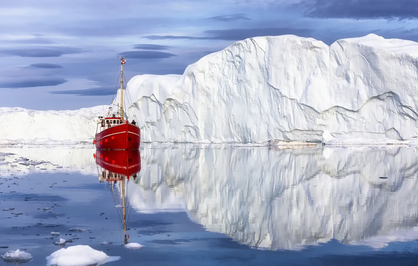 Photo wallpaper sea, landscape, nature, reflection, iceberg, boat, floe, Greenland