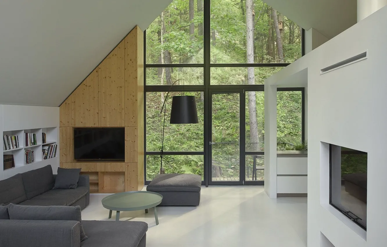Photo wallpaper room, interior, living room, Lithuania, by Inblum Architects, House in the Forest, near Vilnius, not …