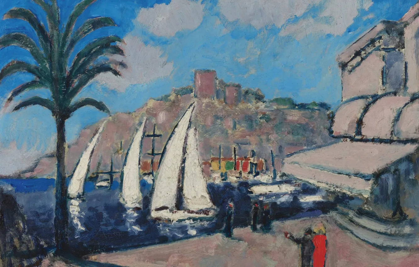 Photo wallpaper sea, landscape, the city, boat, home, picture, yacht, sail