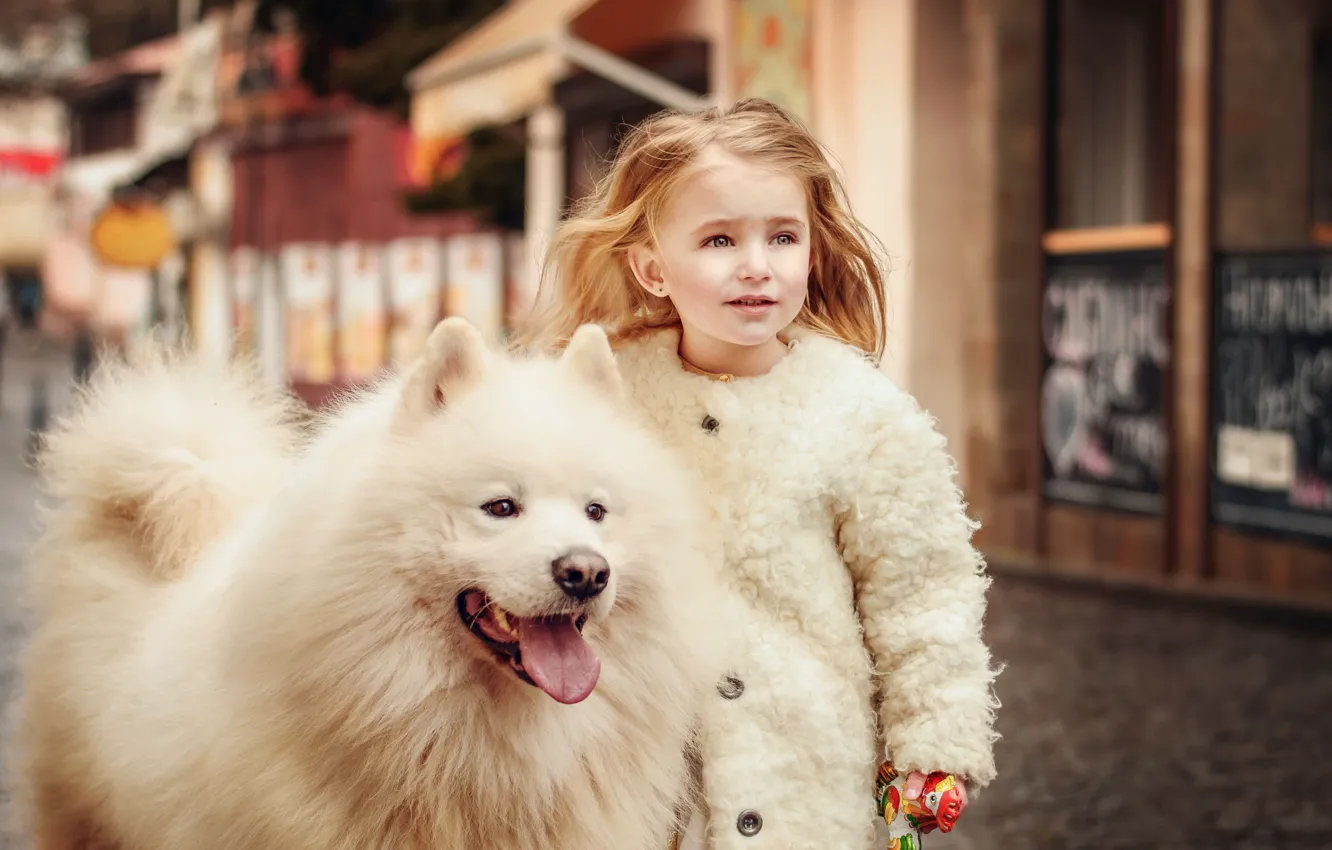 Photo wallpaper animal, dog, girl, coat, child, dog, Samoyed, Marina Petro
