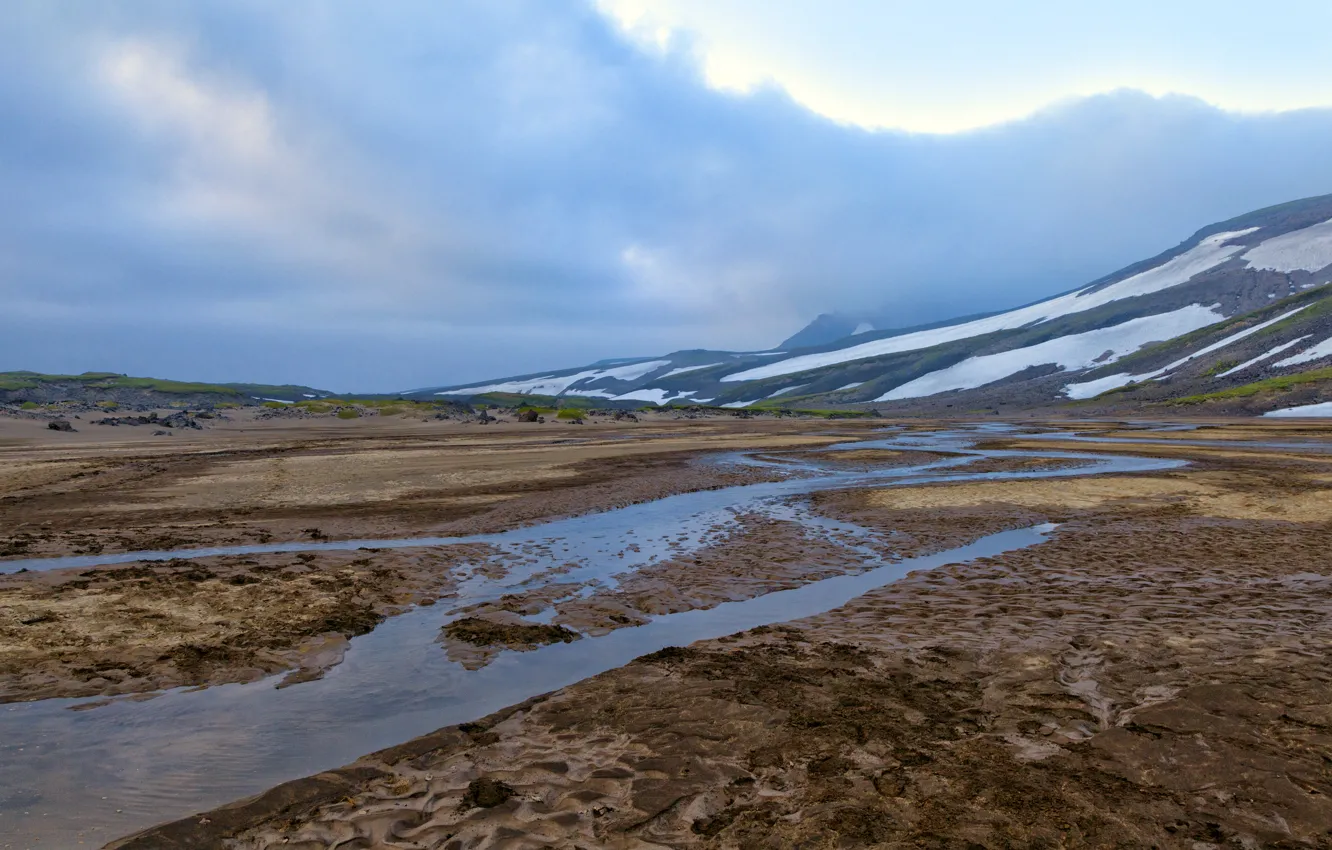 Photo wallpaper the sky, water, clouds, snow, landscape, mountains, nature, stream