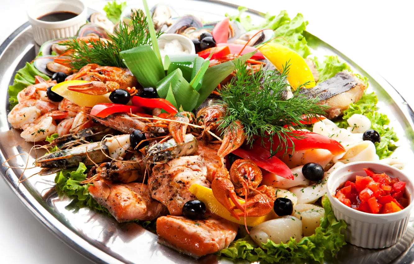 Photo wallpaper crab, fish, tomatoes, fish, shrimp, seafood, mussels, shrimp