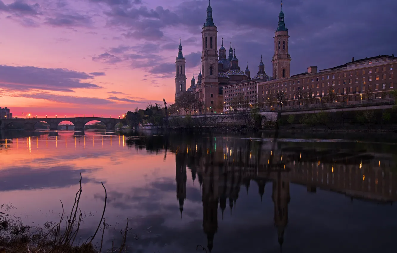Photo wallpaper the sky, sunset, bridge, river, Church, Spain, promenade, rivers