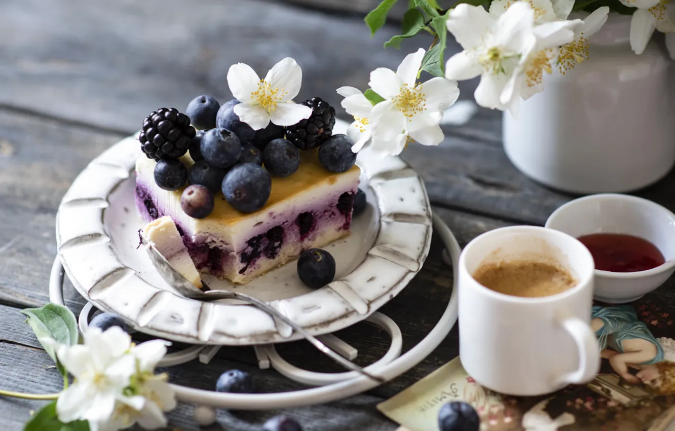 Photo wallpaper berries, coffee, Jasmine, cheesecake