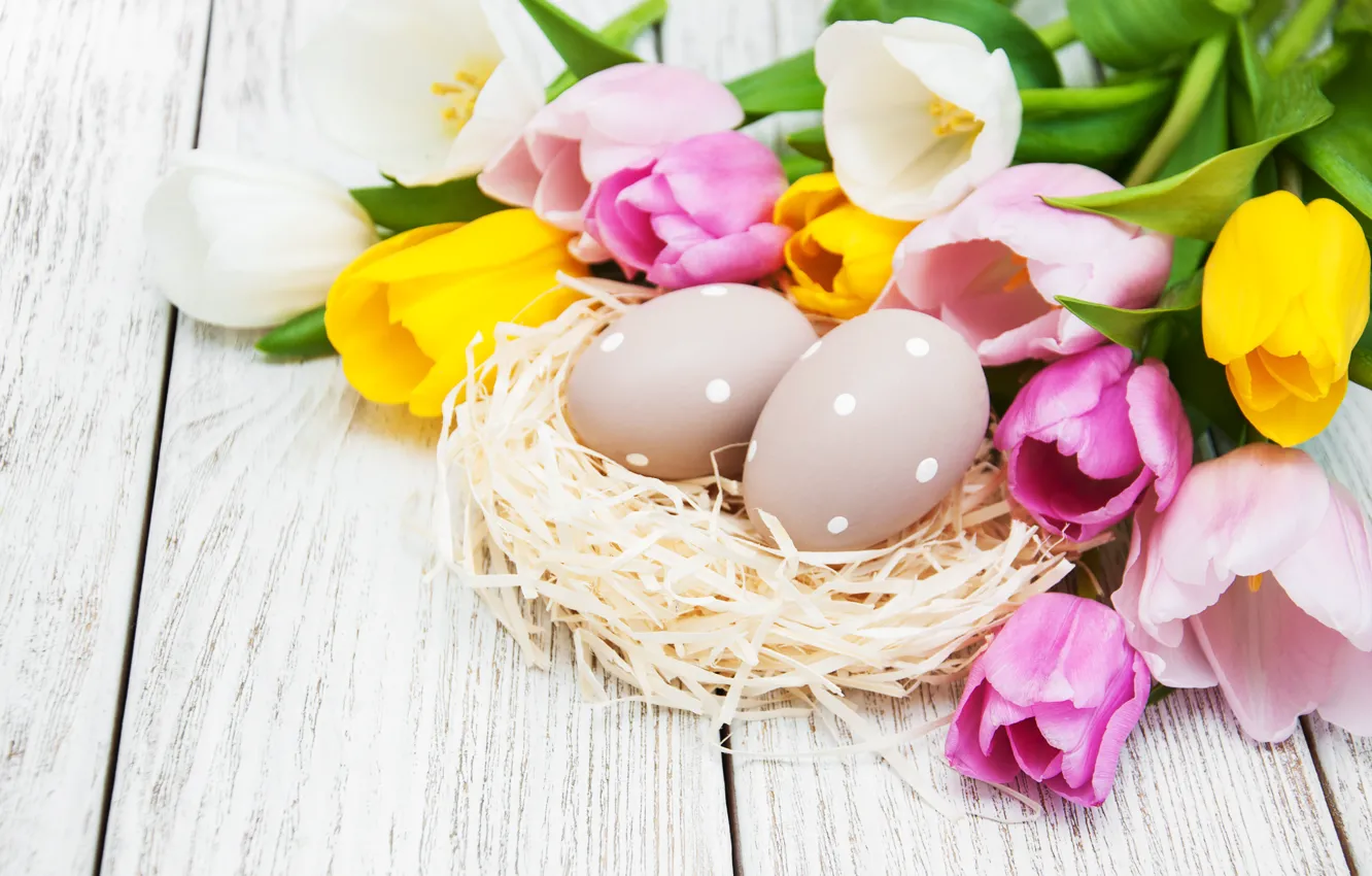 Photo wallpaper flowers, eggs, spring, colorful, Easter, tulips, yellow, wood