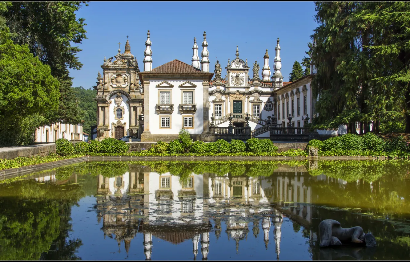 Photo wallpaper greens, water, trees, house, pond, reflection, Portugal, architecture