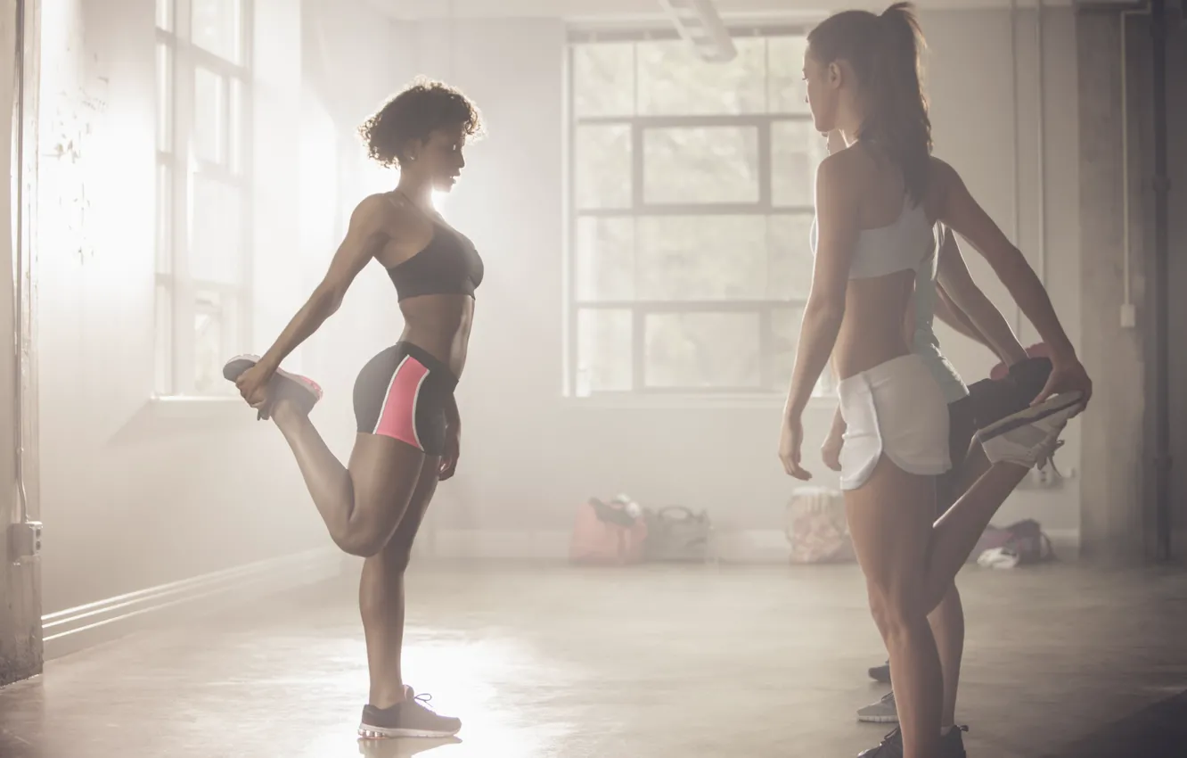 Photo wallpaper women, fitness, class, stretching, warm-up
