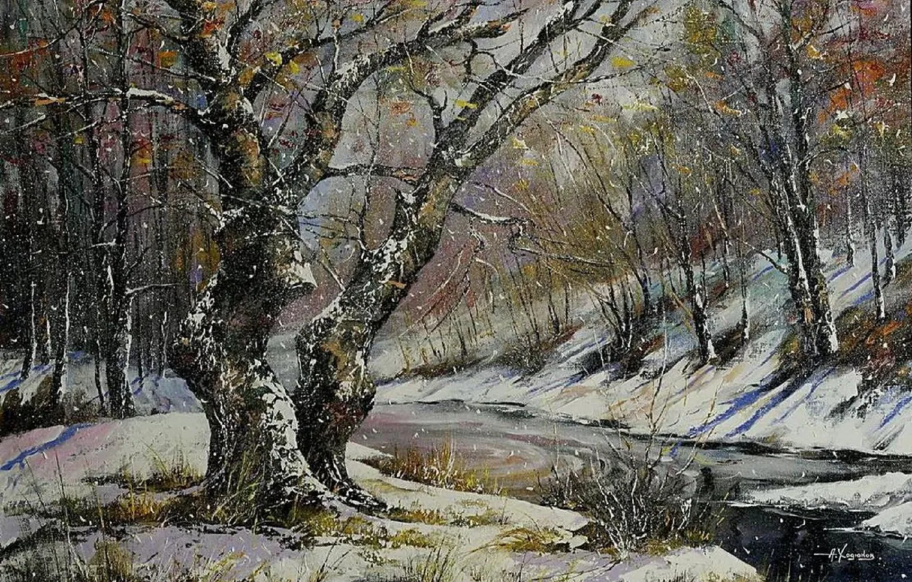 Photo wallpaper winter, forest, river, overcast, picture, painting, snowfall, winter landscape