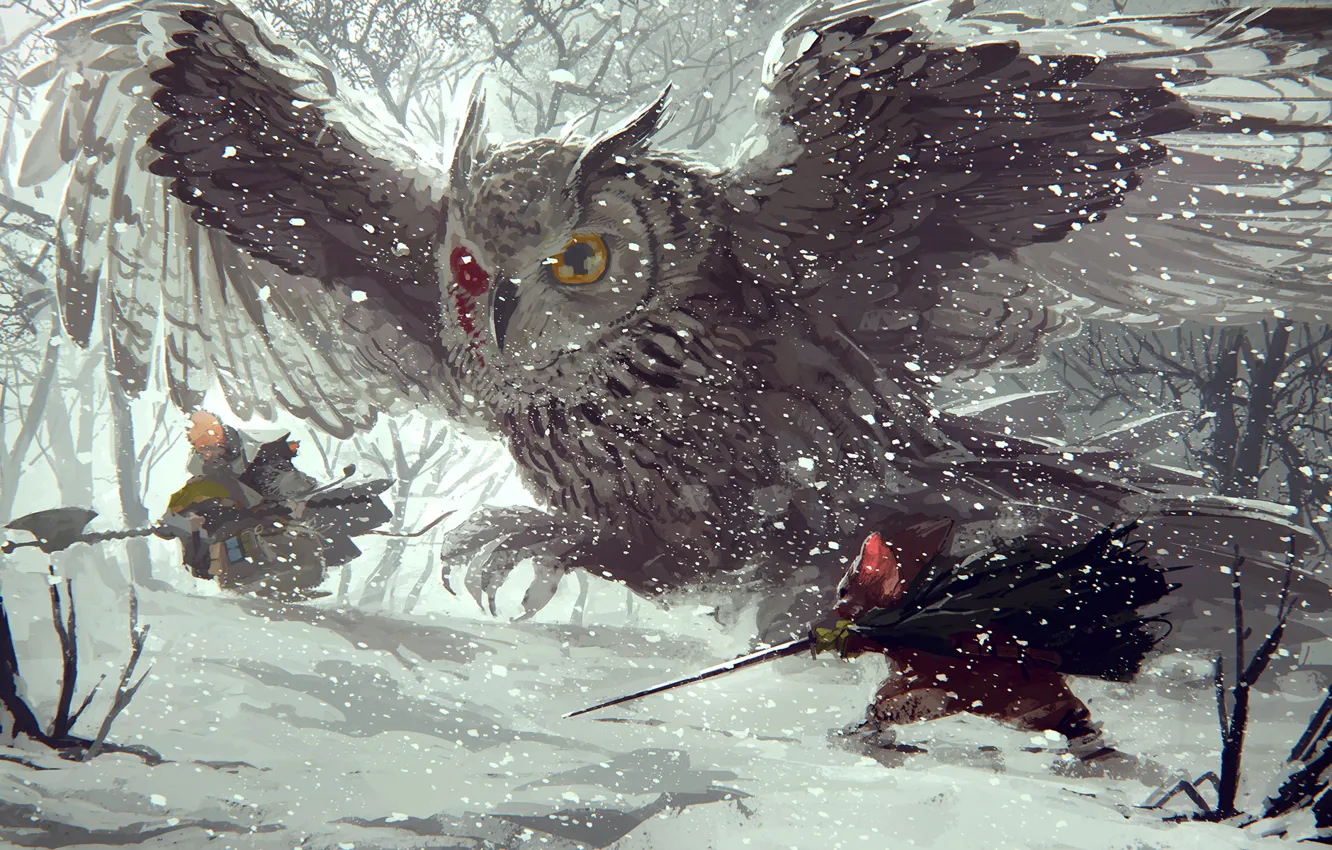Photo wallpaper winter, forest, snow, owl, mouse, art, saber