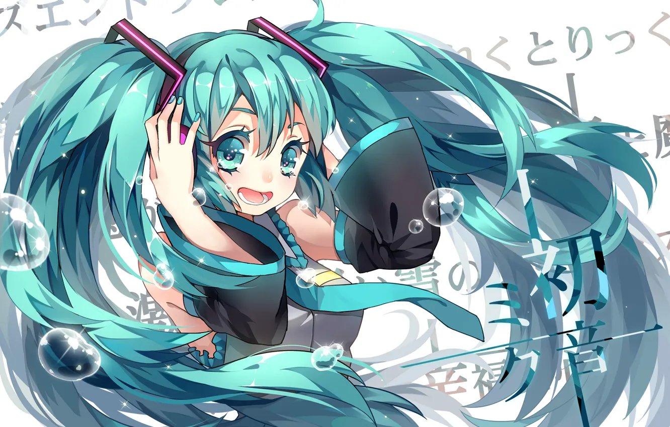Photo wallpaper girl, drops, joy, vocaloid, long hair, art, sings, miku hatsune