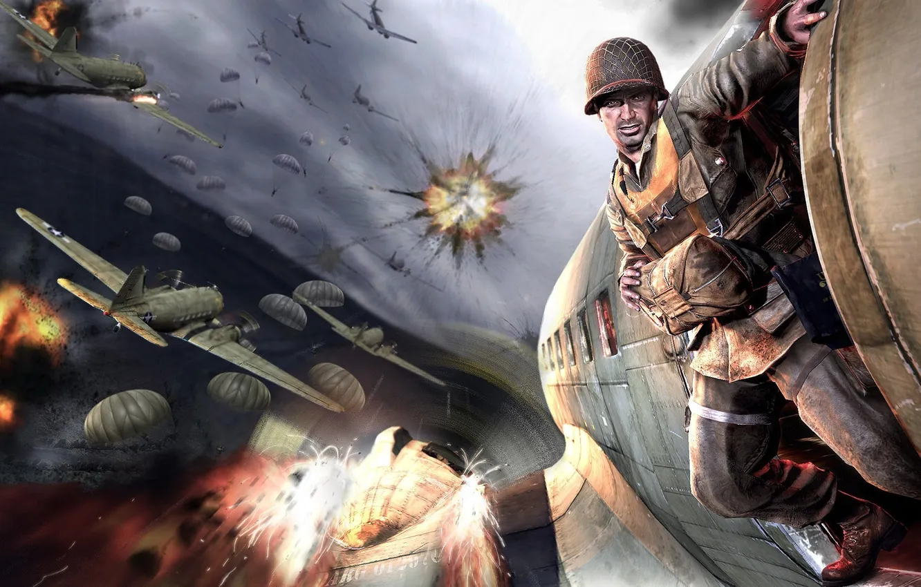 Photo wallpaper the explosion, war, the plane, Medal of Honor, solati, Airborne, world, Second