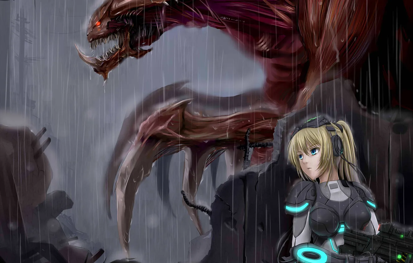 Photo wallpaper girl, weapons, rain, costume, starcraft, Zerg