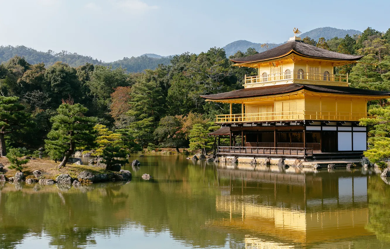 Photo wallpaper forest, summer, the sky, the sun, trees, lake, hills, Japan