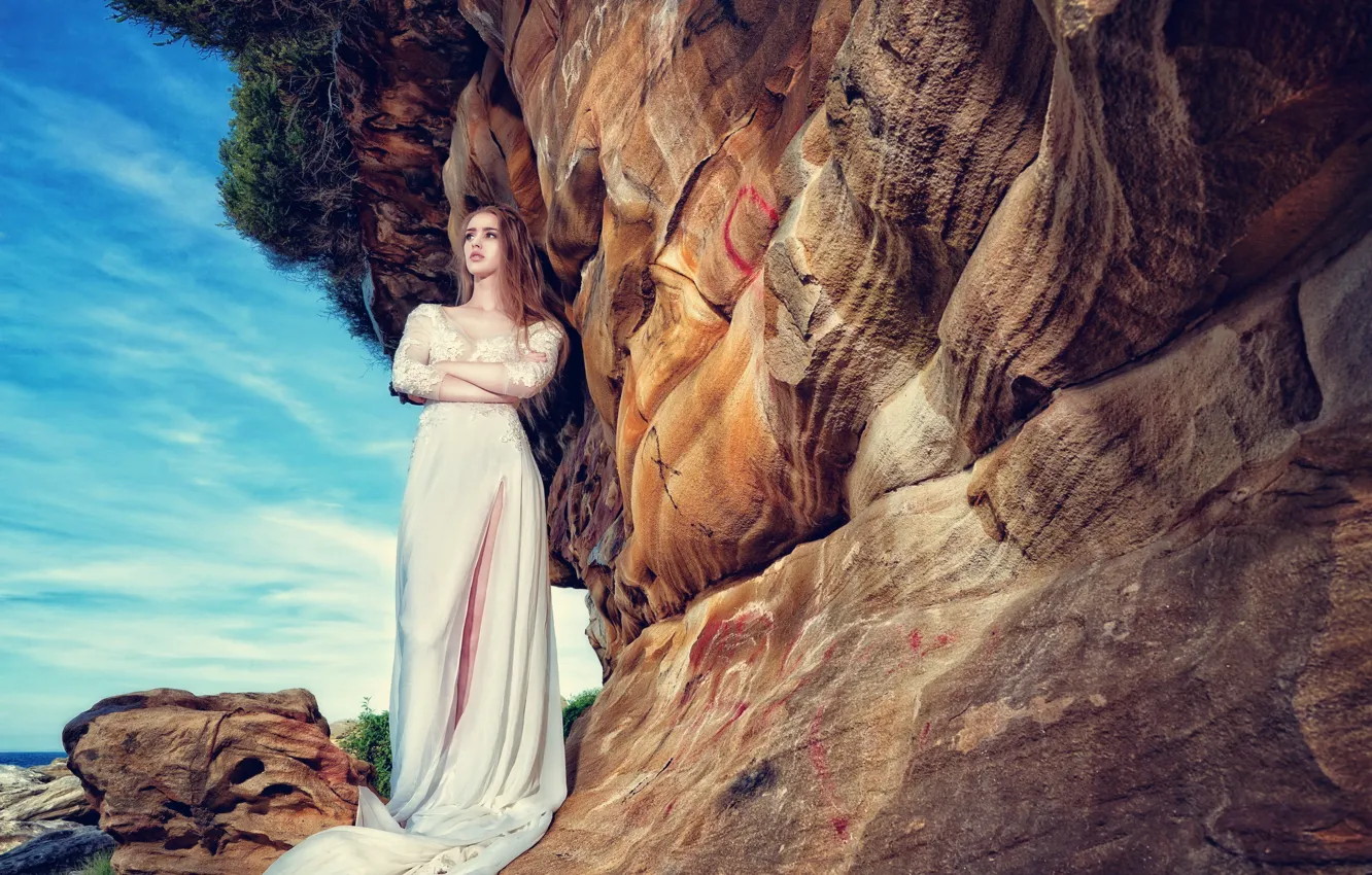 Photo wallpaper look, girl, rocks