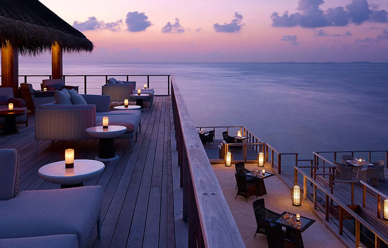 Photo wallpaper ocean, evening, overlooking, resort, dinner, dusk on a tropical isl
