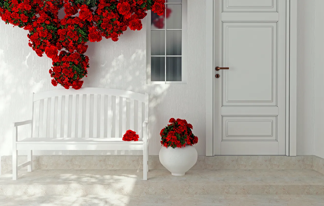 Photo wallpaper flowers, roses, interior, the door, red, vase, decor