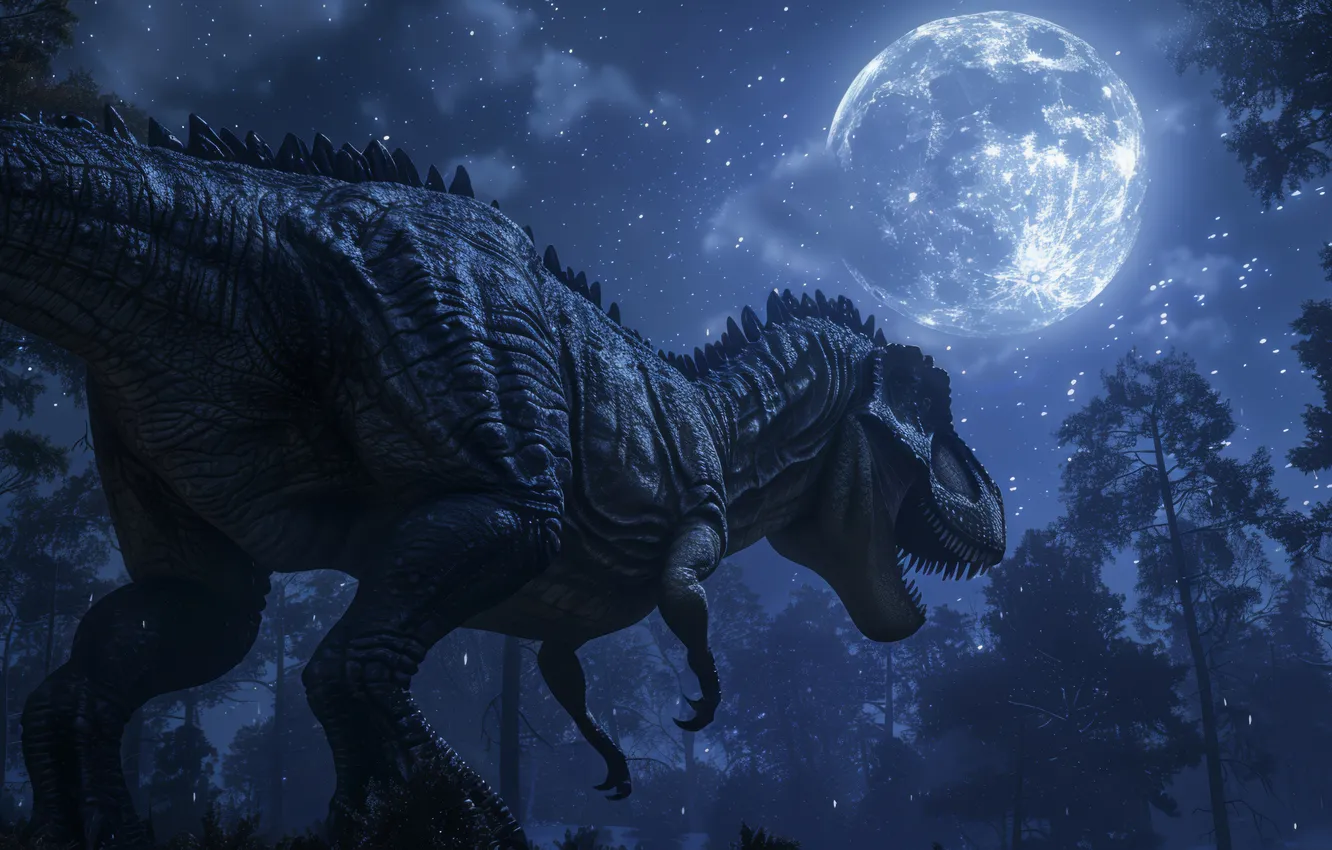 Photo wallpaper trees, night, animal, the moon, dinosaur, predator, Tyrannosaurus, digital art