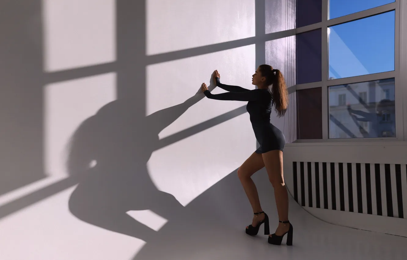 Photo wallpaper black minidress, studio, window, ponytail, closed eyes, girl, model, brunette