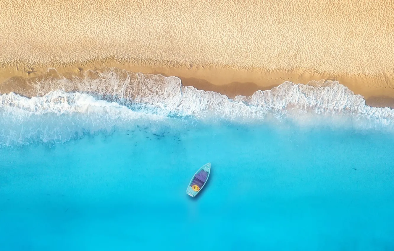 Photo wallpaper sand, sea, beach, shore, boat, the view from the top, blue water