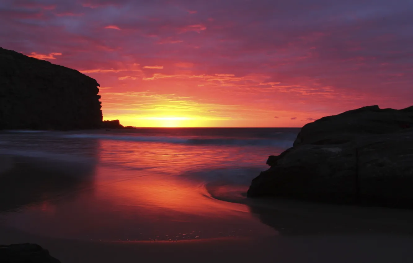 Photo wallpaper sea, beach, rocks, dawn, morning