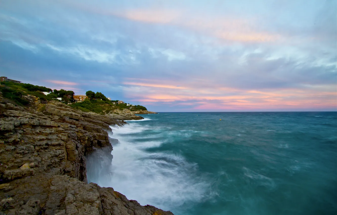 Photo wallpaper sea, wave, the sky, rocks, shore, blue - pink clouds