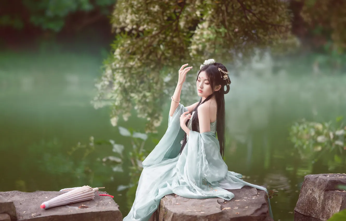 Photo wallpaper girl, decoration, trees, branches, nature, pose, lake, pond
