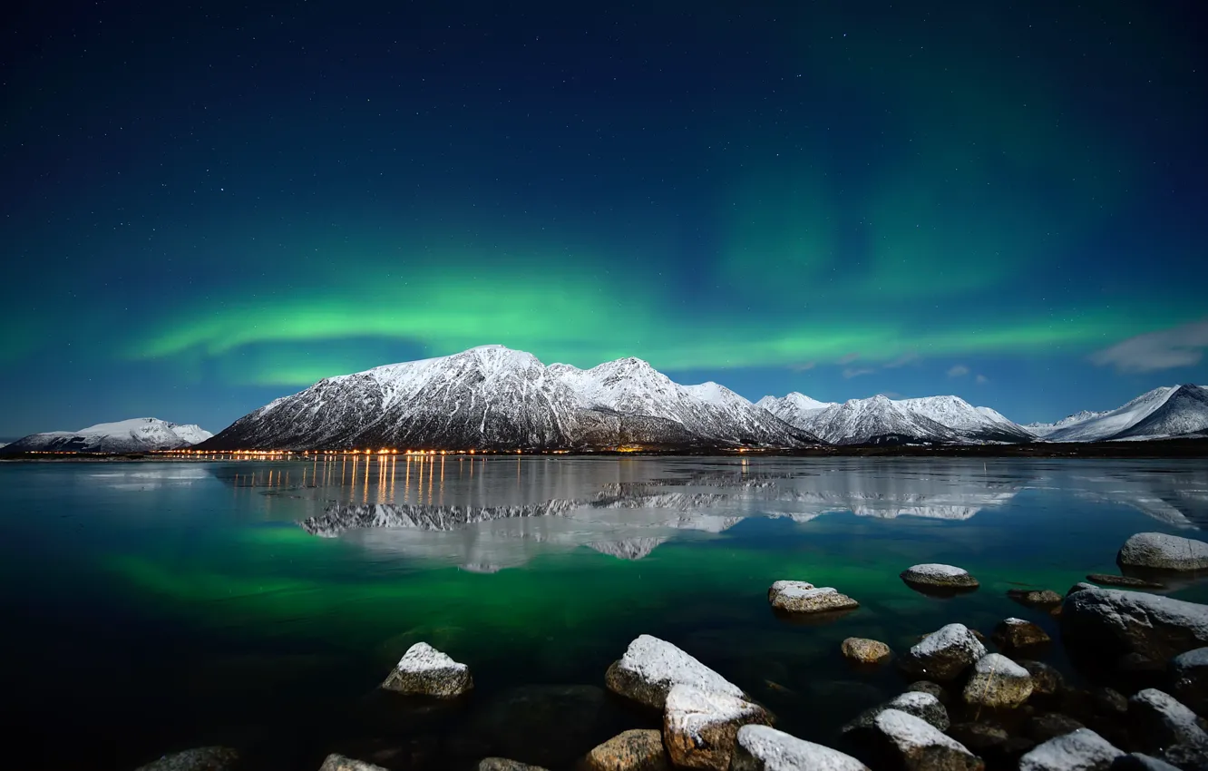 Photo wallpaper ice, winter, water, snow, mountains, night, stones, Northern lights