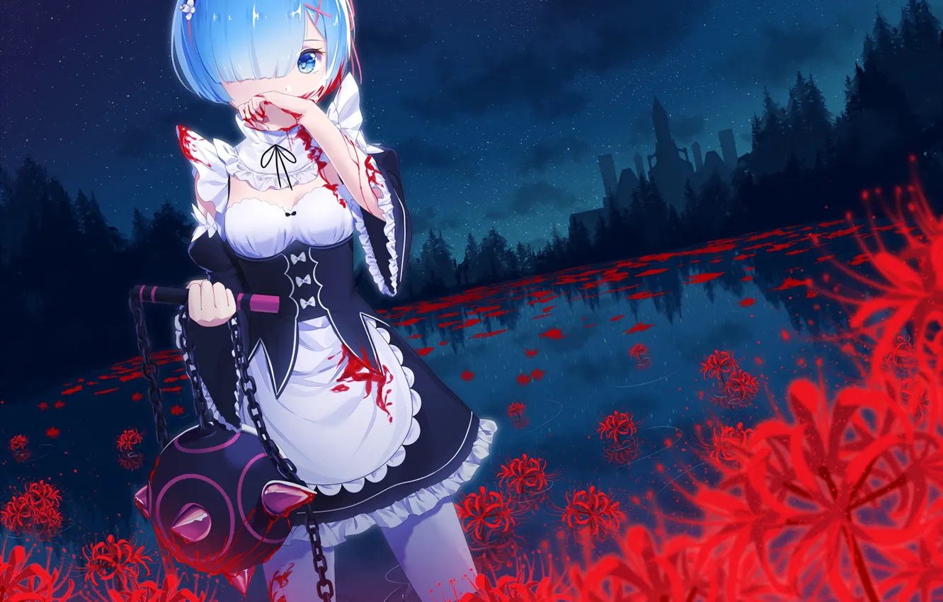 Photo wallpaper flowers, lake, castle, blood, anime, art, Rem, Re: Zero kara hajime chip isek or Seikatsu