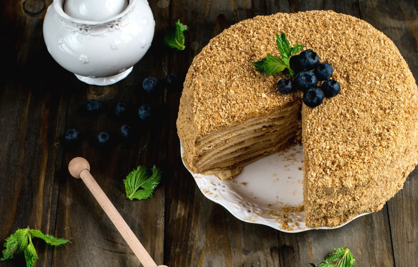 Photo wallpaper blueberries, cake, mint, cream, sweet