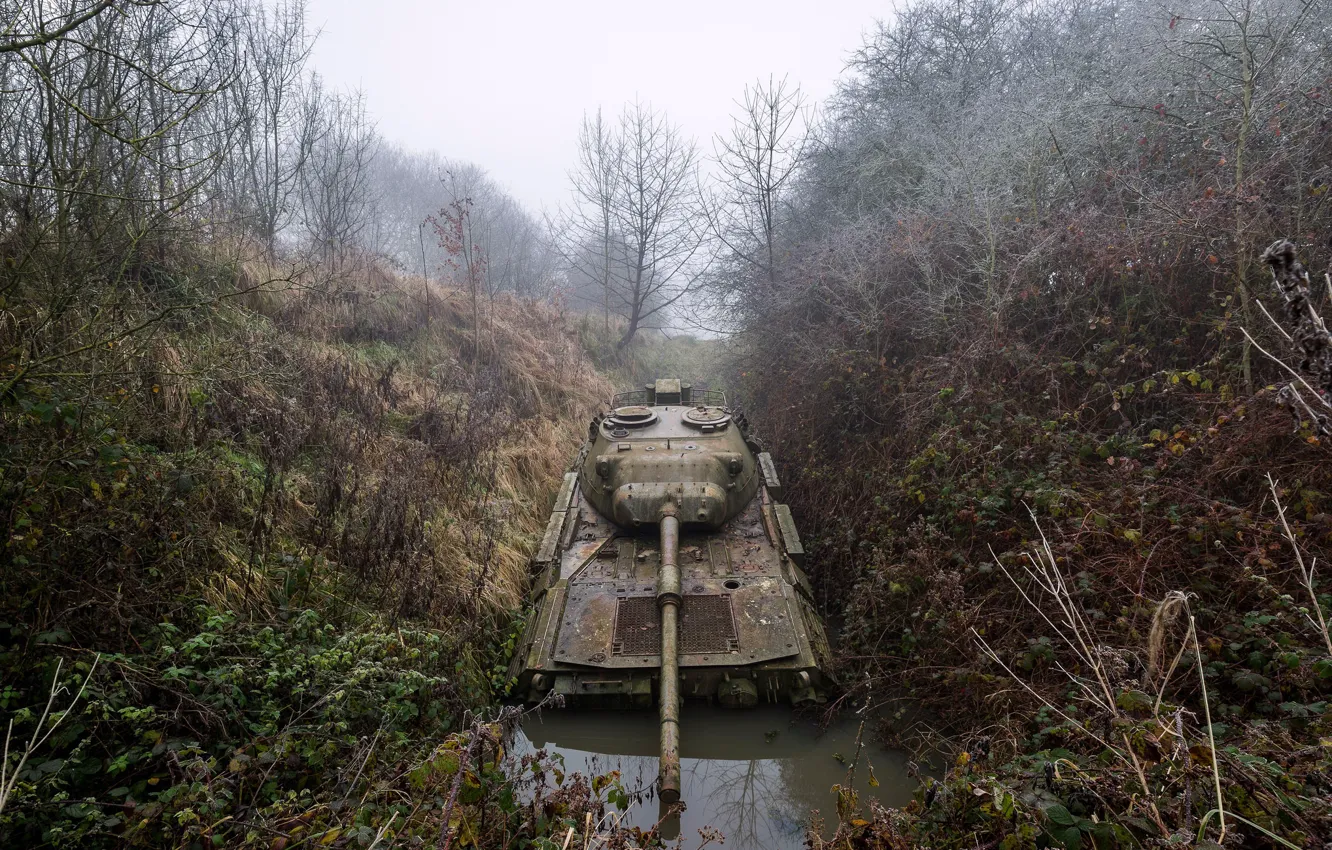 Photo wallpaper army, puddle, tank