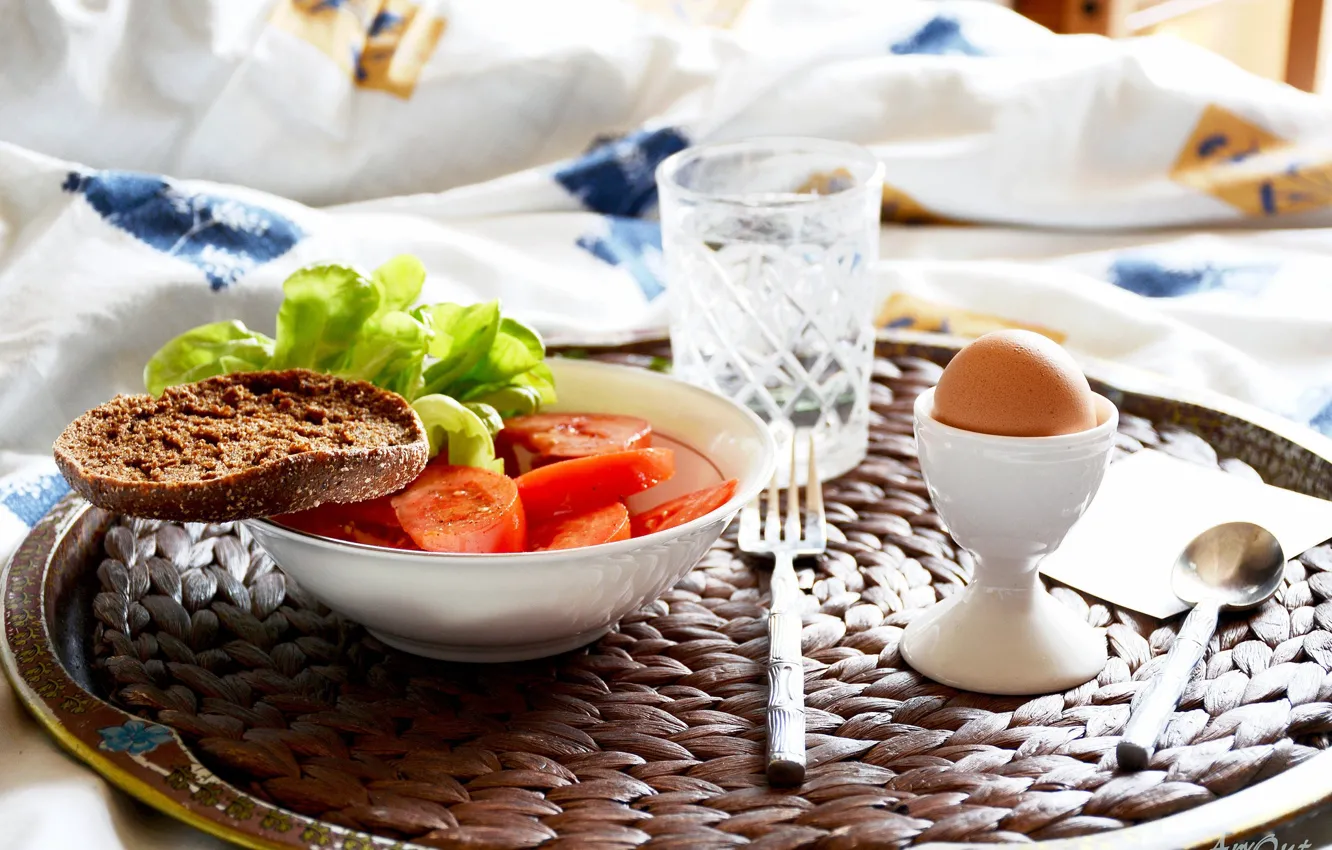 Photo wallpaper egg, Breakfast, morning, bread, tomatoes
