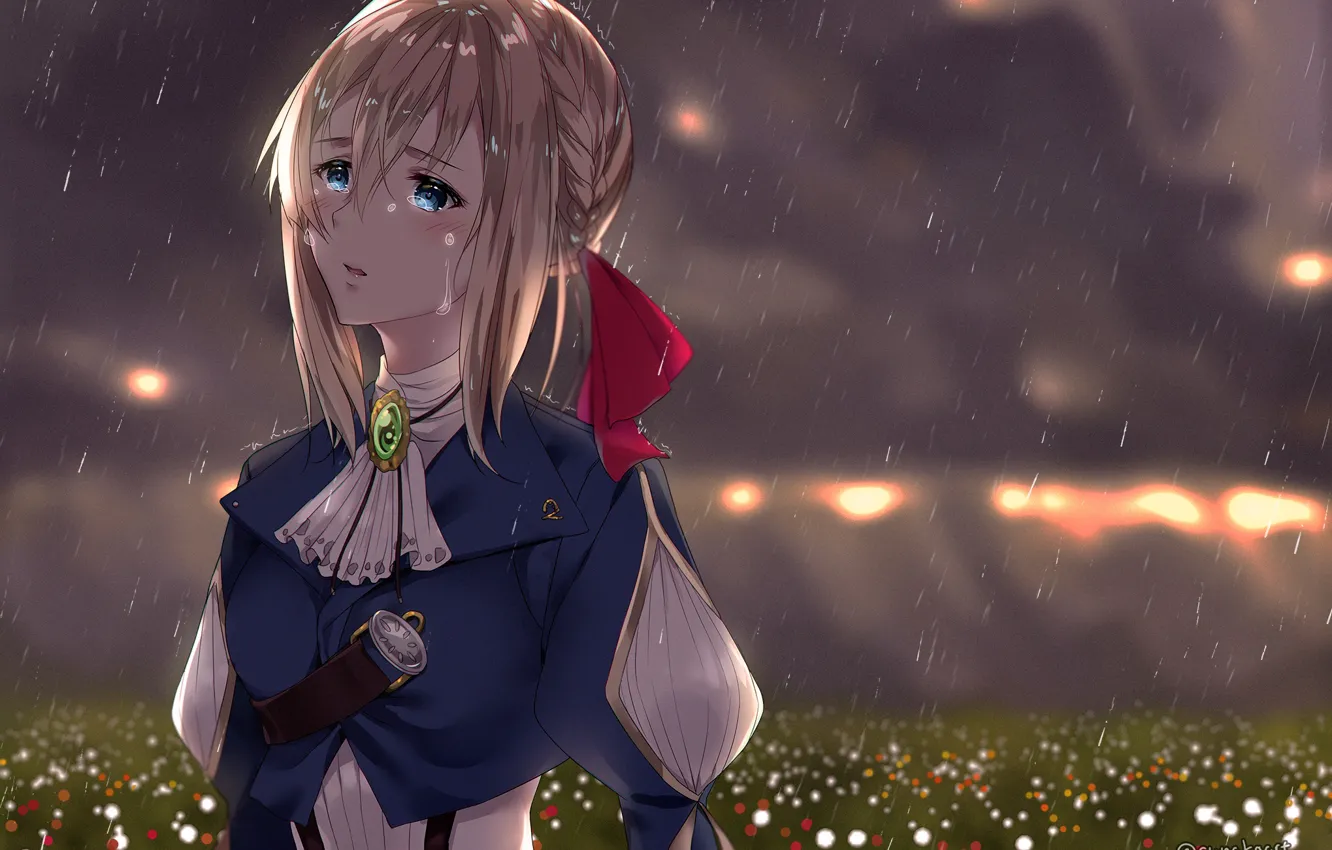 Photo wallpaper the sky, girl, flowers, rain, sad, Violet Evergarden