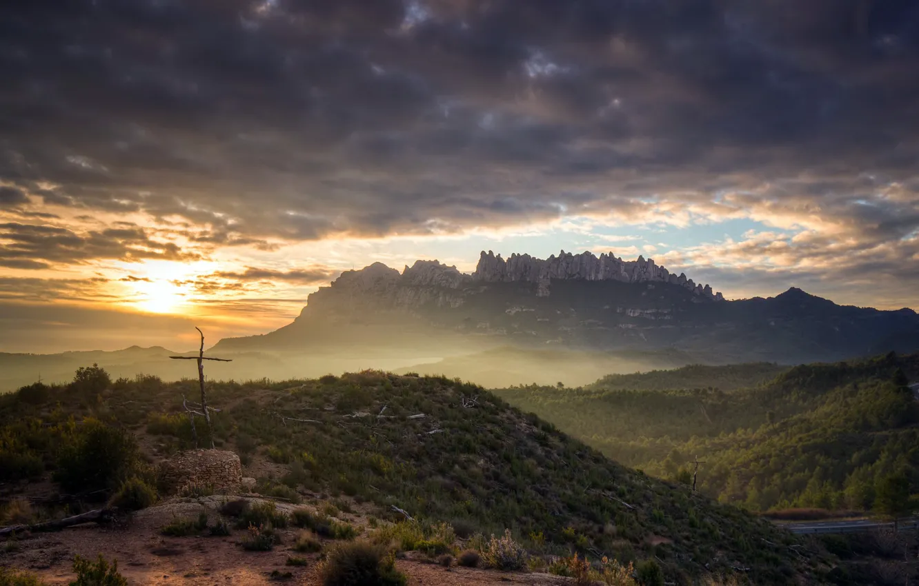 Photo wallpaper sunset, mountains, fog