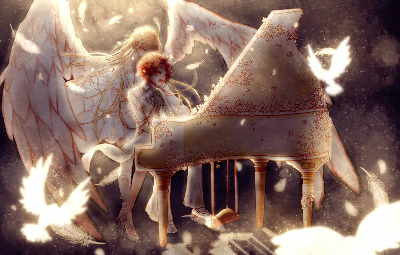 Photo wallpaper girl, angel, guy, piano