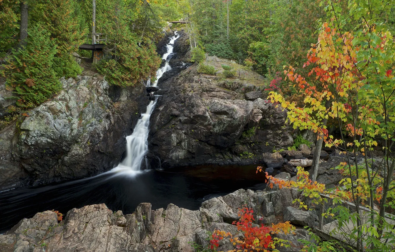 Photo wallpaper autumn, forest, trees, mountains, river, rocks, waterfall