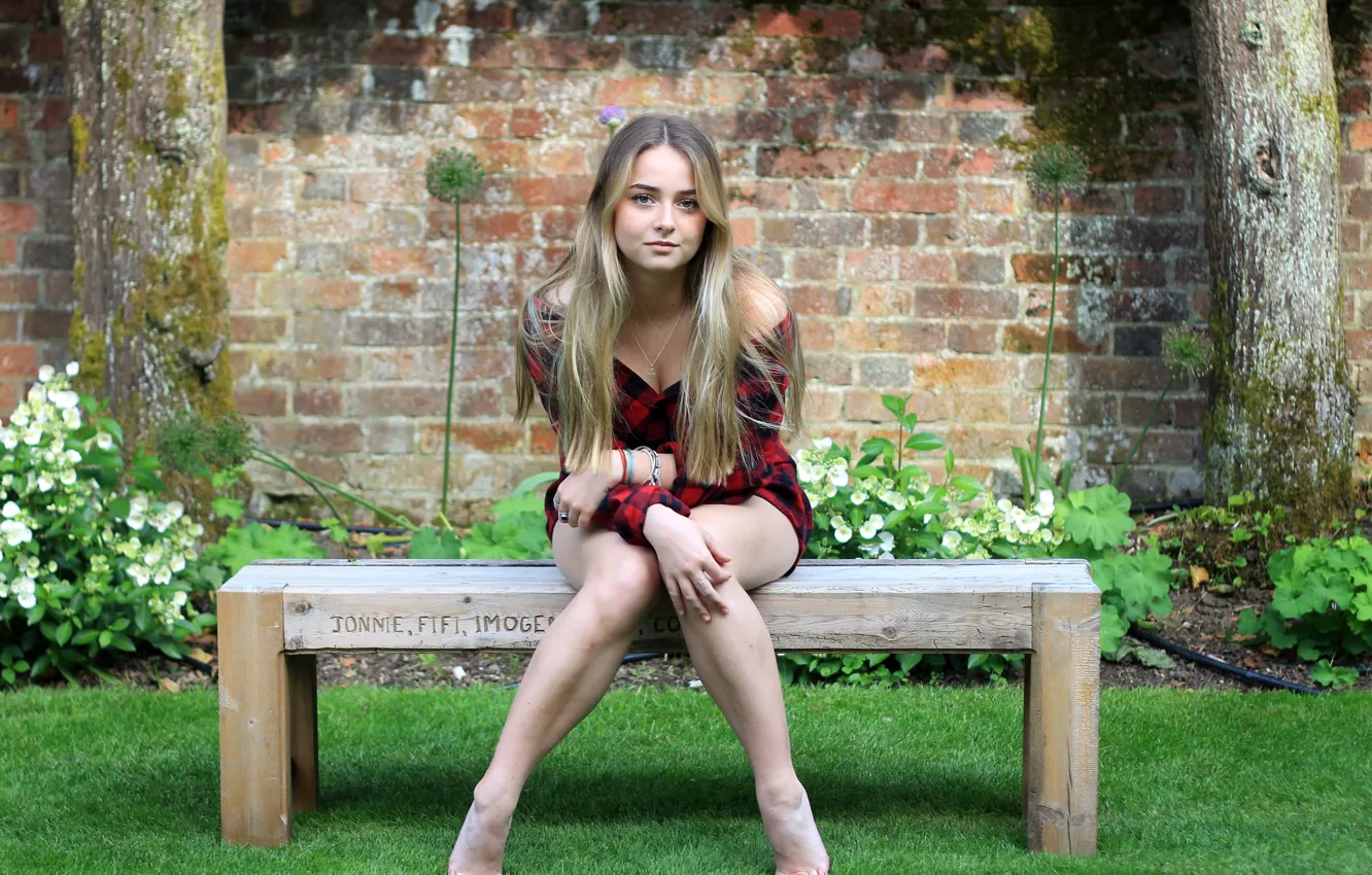 Photo wallpaper girl, legs, bench, Beautiful Connie in Red